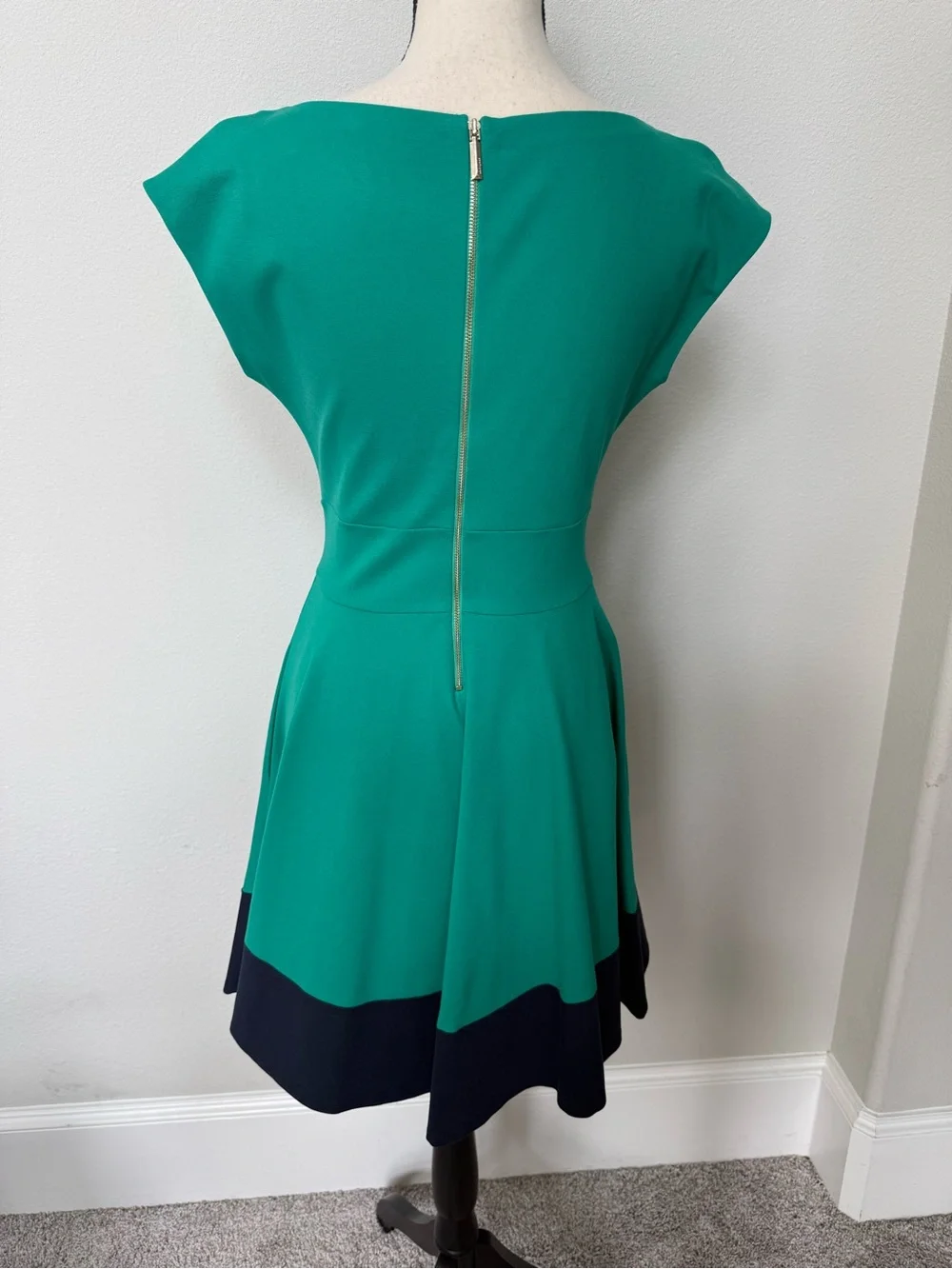 kate spade Emerald Green Fit-and-Flare Dress with Navy Contrast Hem
